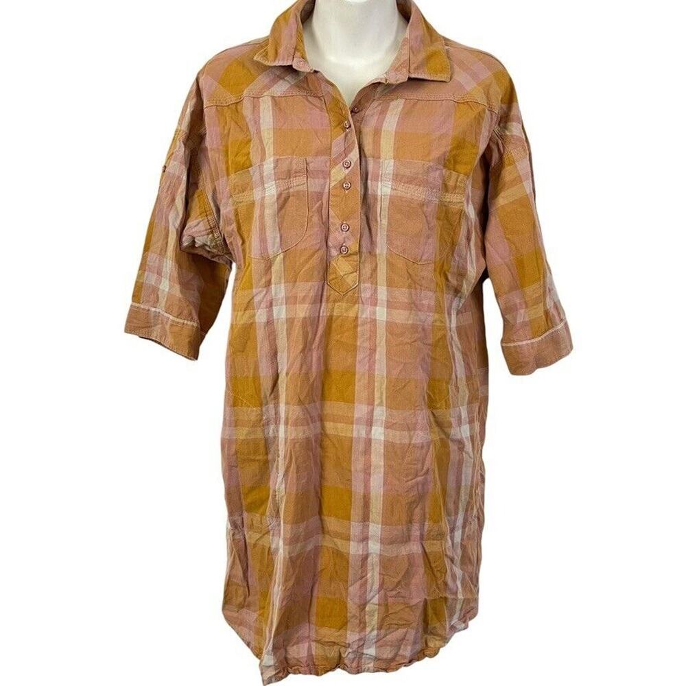 Prana Womens Plaid Button Up Shirt Dress Gorpcore Sporty Orange 3/4 Sleeve sz S